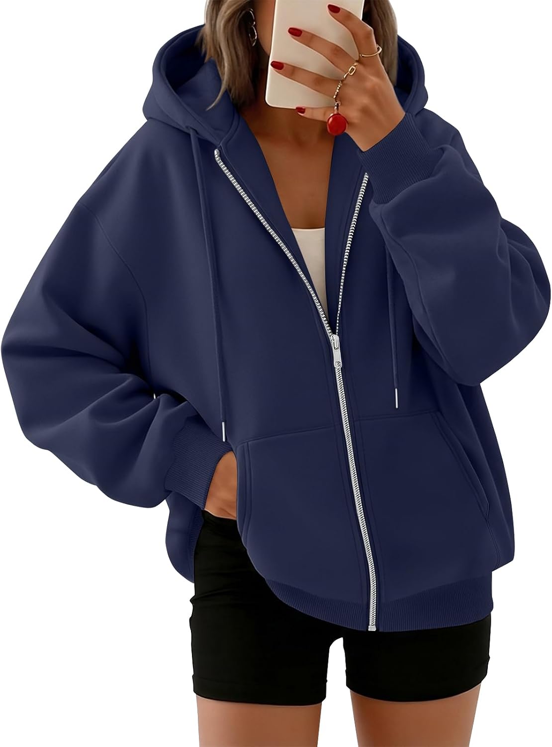 Chloe Women's Oversized Zip-Up Hoodie – Fleece, Drawstring Hood & Side Pockets