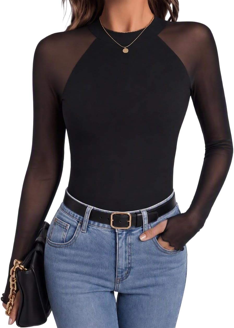 Elowen Women's Floral Mesh Top – Mock Neck, Sheer Raglan Sleeves & Double-Lined Body