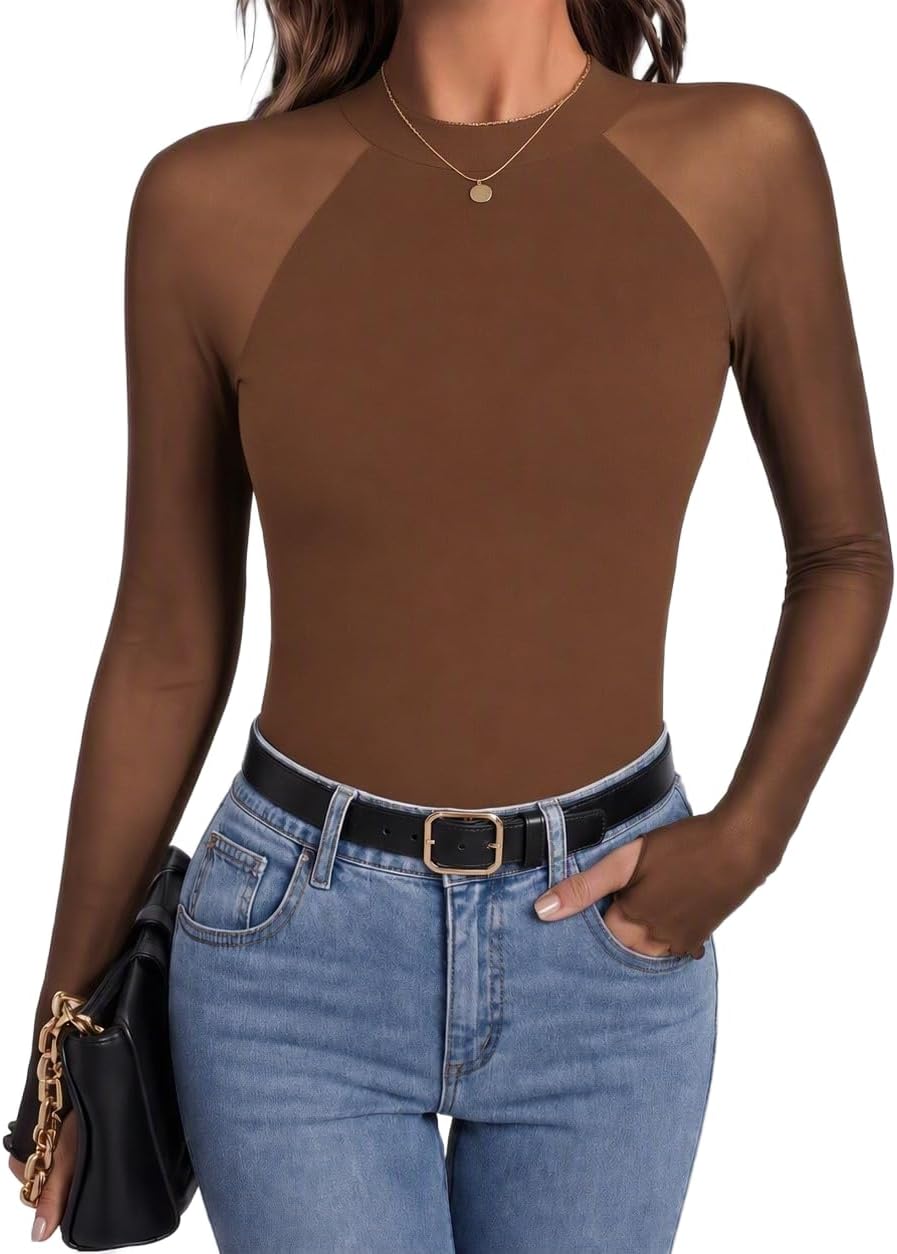 Elowen Women's Floral Mesh Top – Mock Neck, Sheer Raglan Sleeves & Double-Lined Body