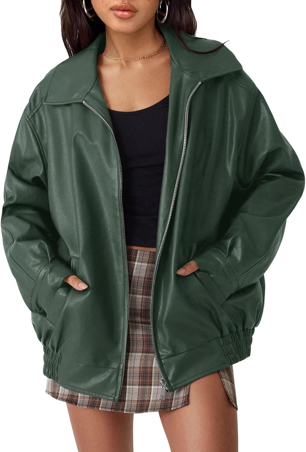 Imogen Women's Oversized Vegan Leather Jacket – Biker Style, Zip Front & Boyfriend Fit