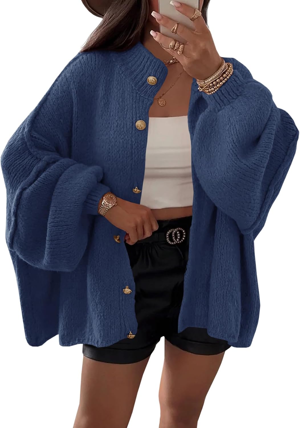 Isla Women's Oversized Cardigan – Lantern Sleeves, Ribbed Knit & Button Front