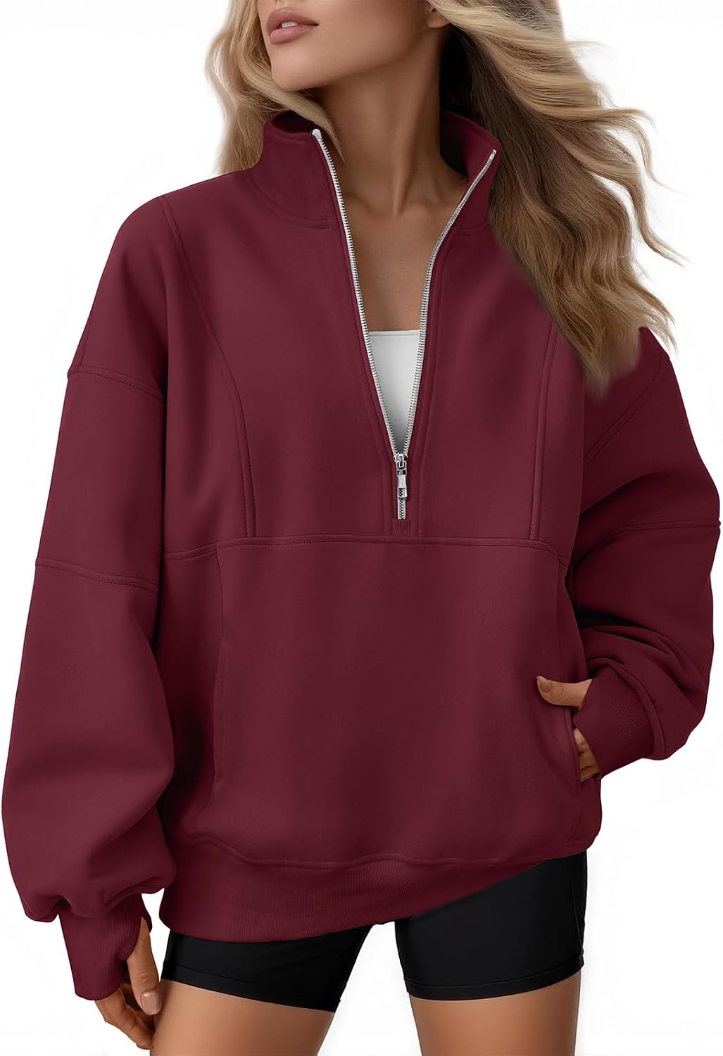Elaine Women's Oversized Quarter-Zip Sweatshirt – Mock Neck, Fleece Lined & Pockets