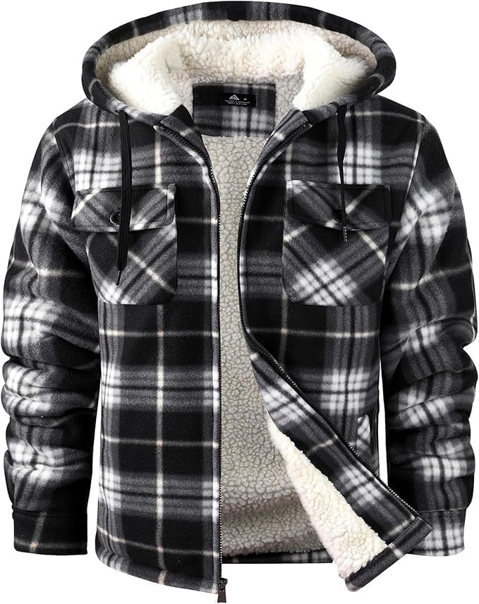 Finn Men's Plaid Flannel Jacket – Sherpa Lined, Hooded, Full Zip & 4 Pockets