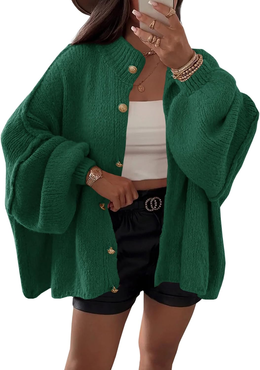 Isla Women's Oversized Cardigan – Lantern Sleeves, Ribbed Knit & Button Front
