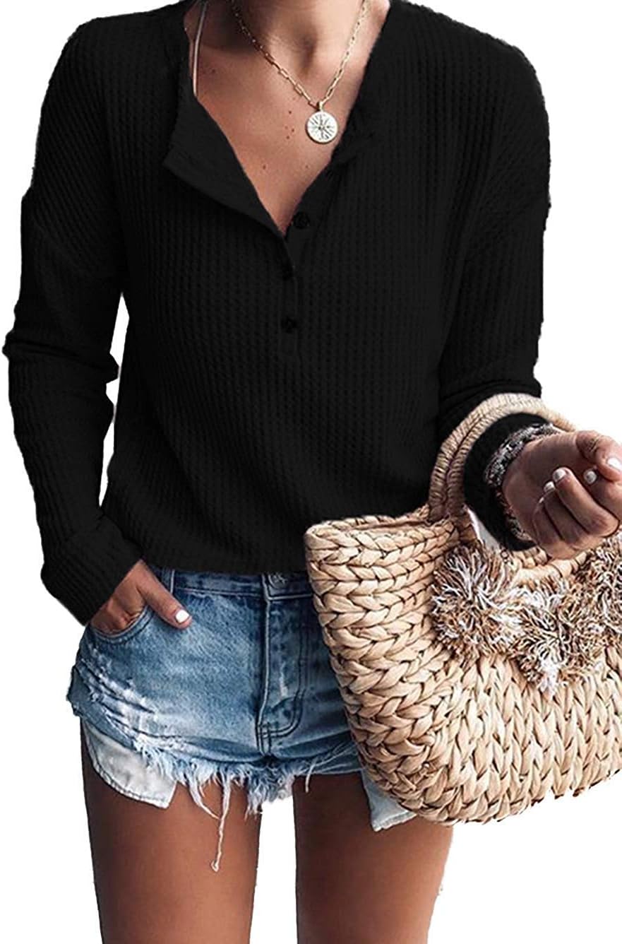 Lucille Women's Waffle Knit Henley Top – V-Neck, Batwing Sleeves & Relaxed Fit