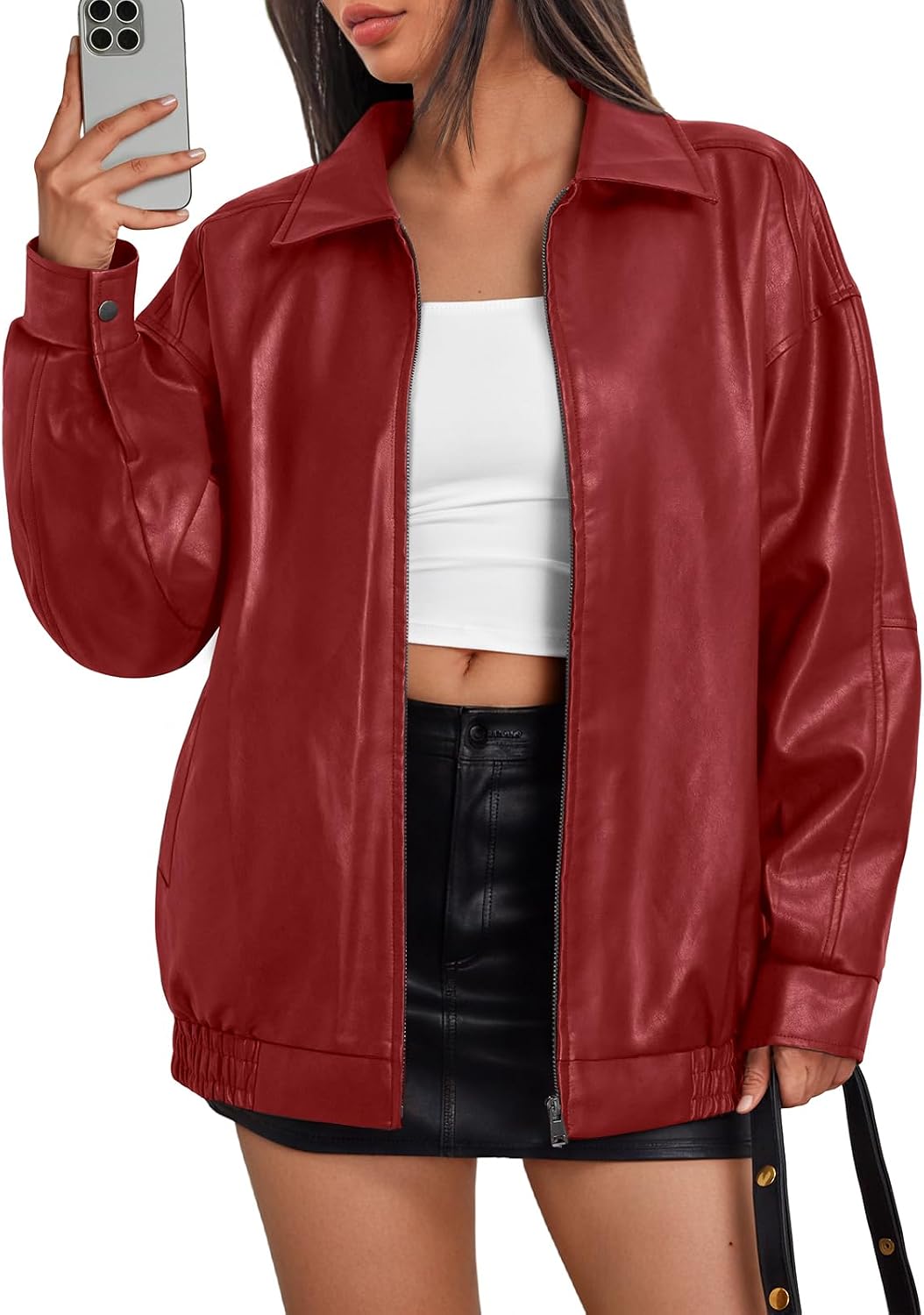 Lydia Women's Vegan Leather Bomber Jacket – Oversized Boyfriend Fit & Zip Front