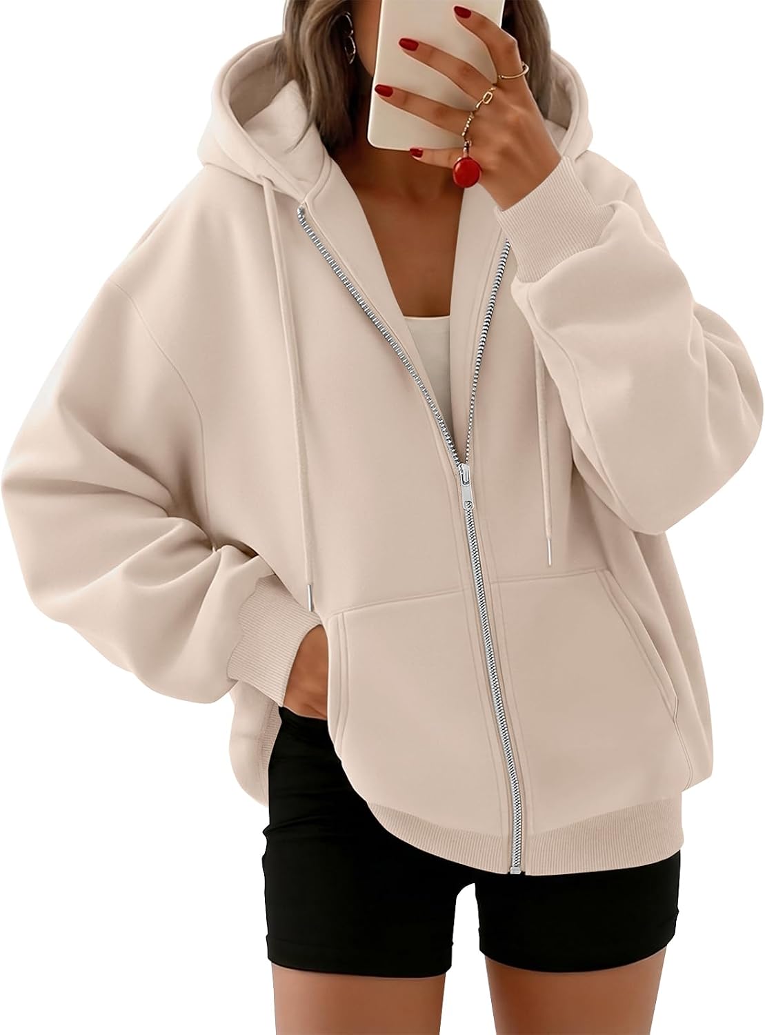 Chloe Women's Oversized Zip-Up Hoodie – Fleece, Drawstring Hood & Side Pockets
