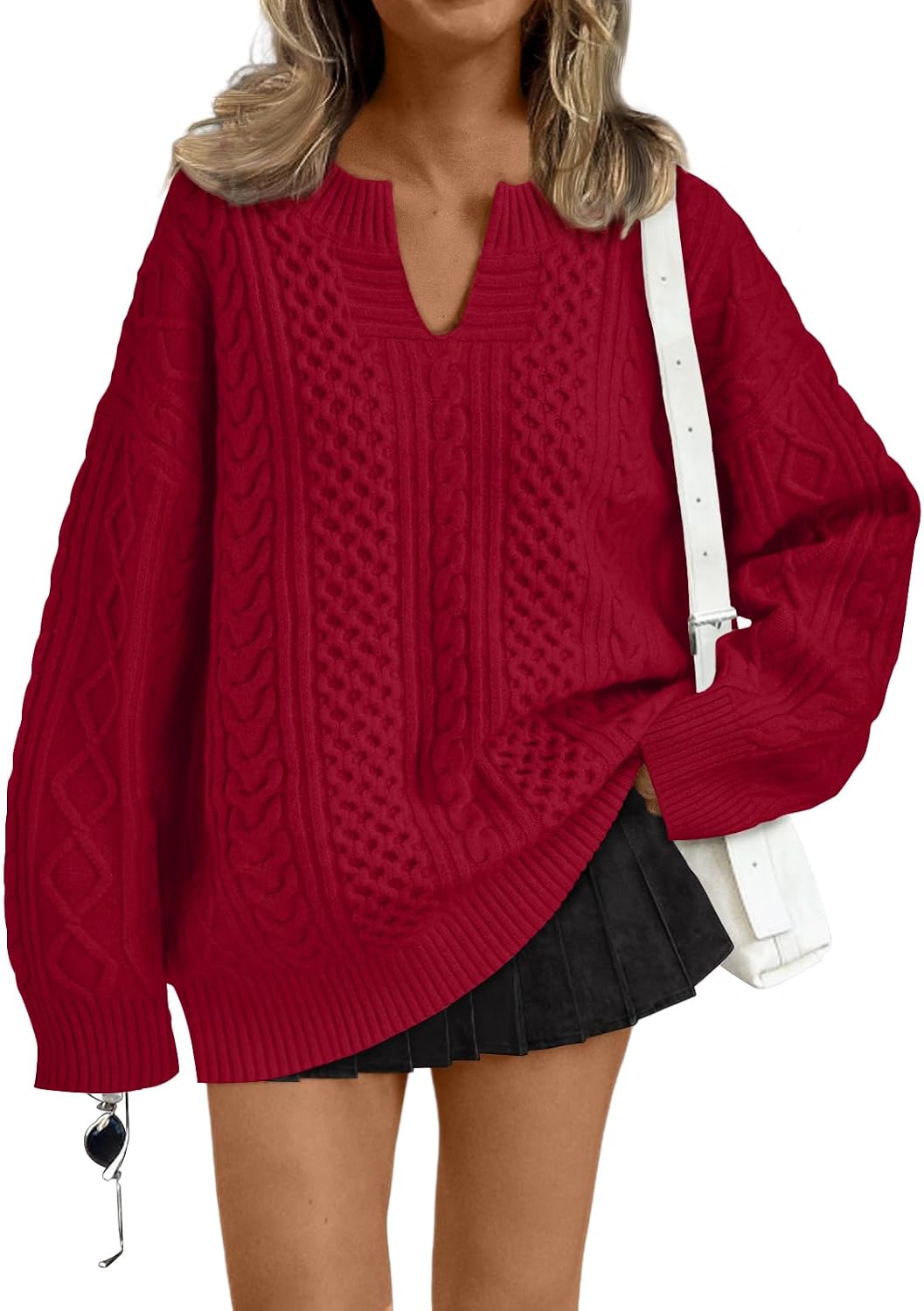 Aurora Women's Cable Knit V-Neck Sweater – Drop Shoulders, Ribbed Trims & Relaxed Fit