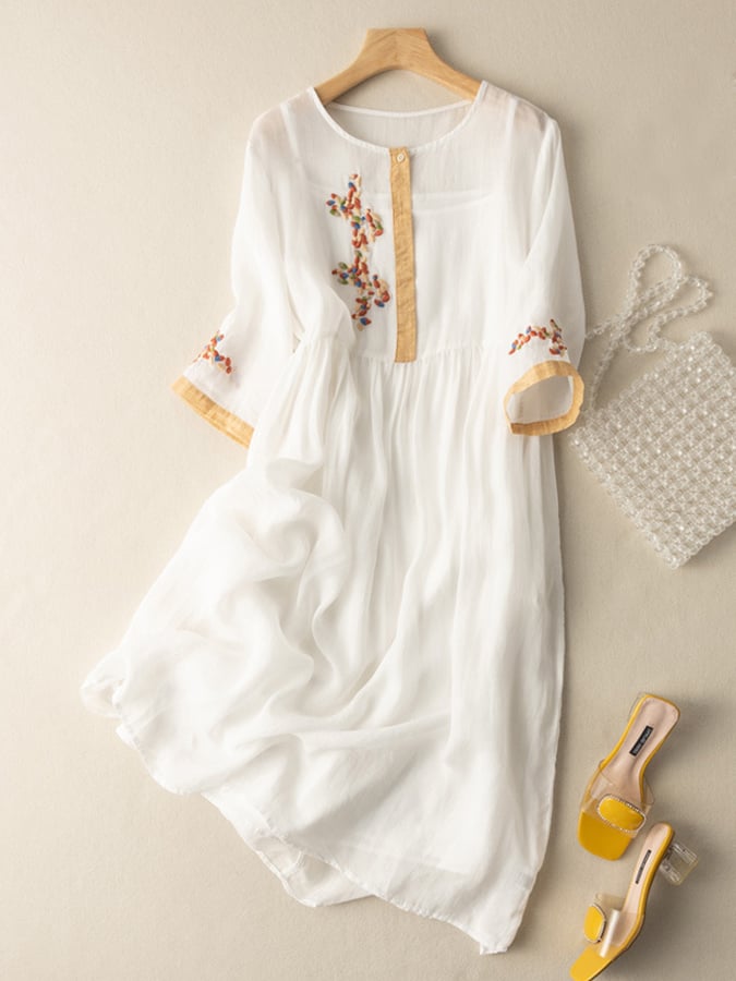 Nadia Women's Dress – Embroidered Cotton-Linen Dress with Ethnic-Inspired Design and Relaxed Fit