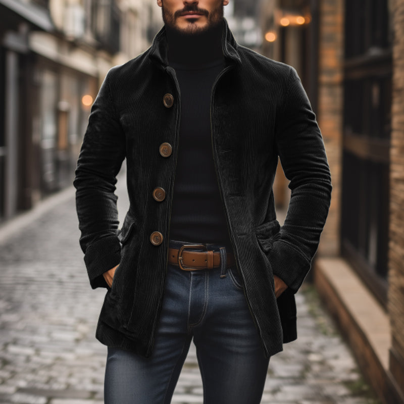 Jasper Men's Corduroy Coat – Slim Fit with Stand Collar & Elegant Side Pockets