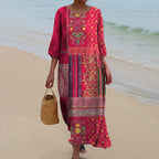 Rosalind Women's Maxi Dress – Red Ethnic Bohemian Print in Airy, Flowing Cotton