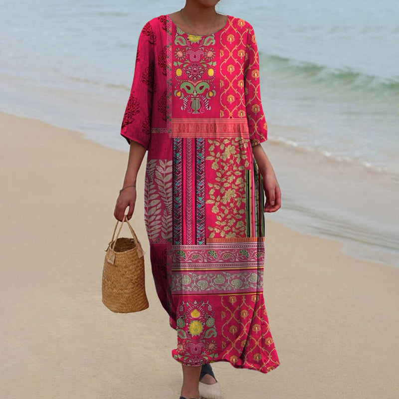 Rosalind Women's Maxi Dress – Red Ethnic Bohemian Print in Airy, Flowing Cotton