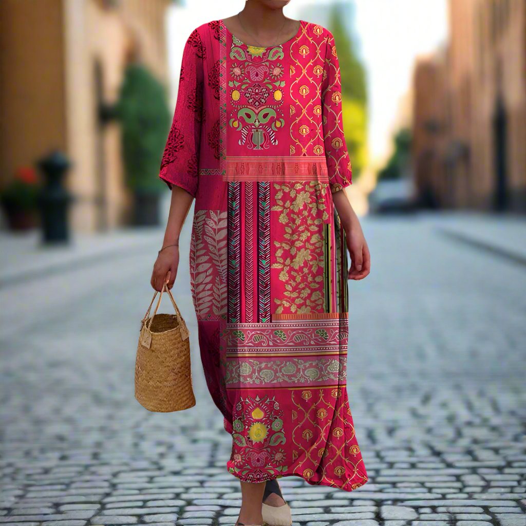 Rosalind Women's Maxi Dress – Red Ethnic Bohemian Print in Airy, Flowing Cotton