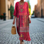 Rosalind Women's Maxi Dress – Red Ethnic Bohemian Print in Airy, Flowing Cotton