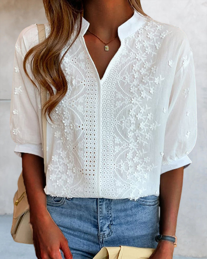 Sophie Women's Blouse – V-Neck Top with Puff Sleeves, Cotton Blend & Patchwork Accents