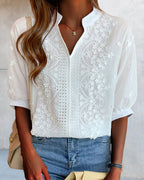 Sophie Women's Blouse – V-Neck Top with Puff Sleeves, Cotton Blend & Patchwork Accents