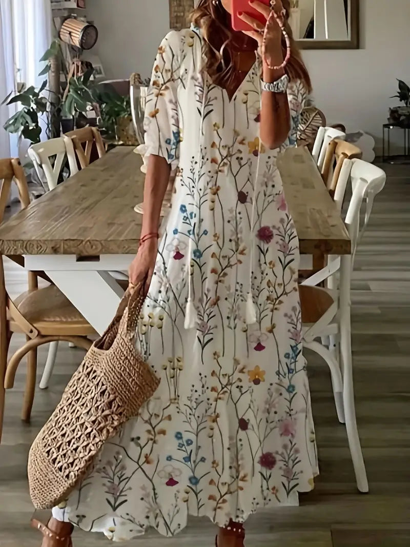 Marisol Women's Boho Dress – Elegant Ruffled Summer Dress with V-Neck & Ikat Print