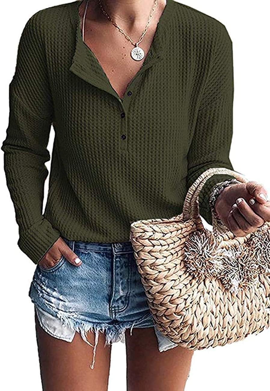 Lucille Women's Waffle Knit Henley Top – V-Neck, Batwing Sleeves & Relaxed Fit
