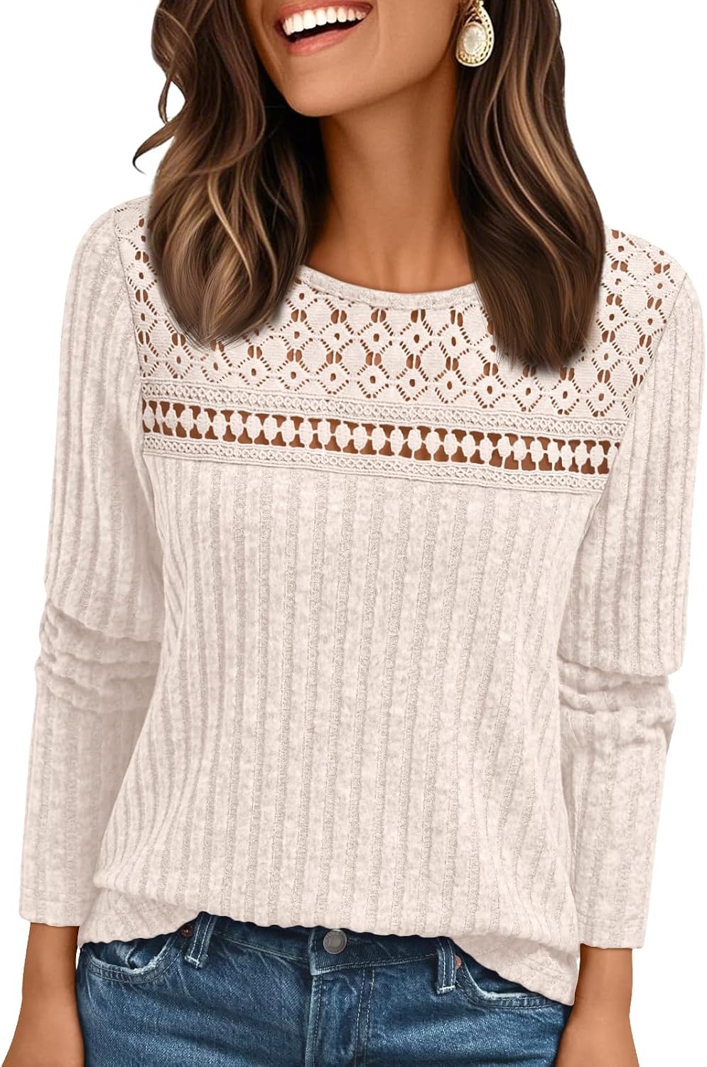 Adeline Women's Lace Ribbed Top – Crew Neck, Long Sleeves & Fitted Silhouette