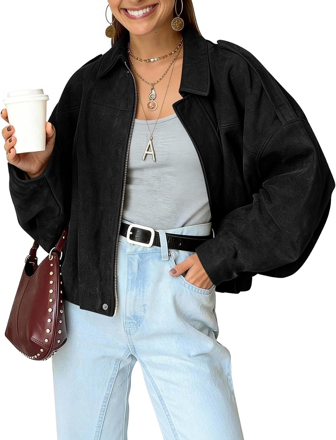 Sasha Women's Faux Suede Bomber Jacket – Cropped Fit, Batwing Sleeves & Zip Front