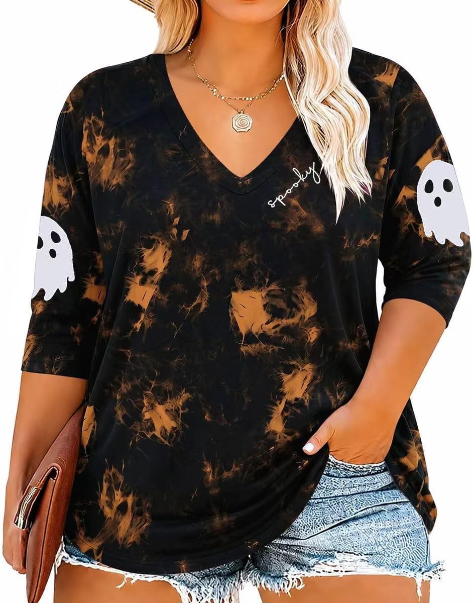 Faye Women's V-Neck Top – 3/4 Sleeves, Printed Design & Relaxed Plus-Size Fit