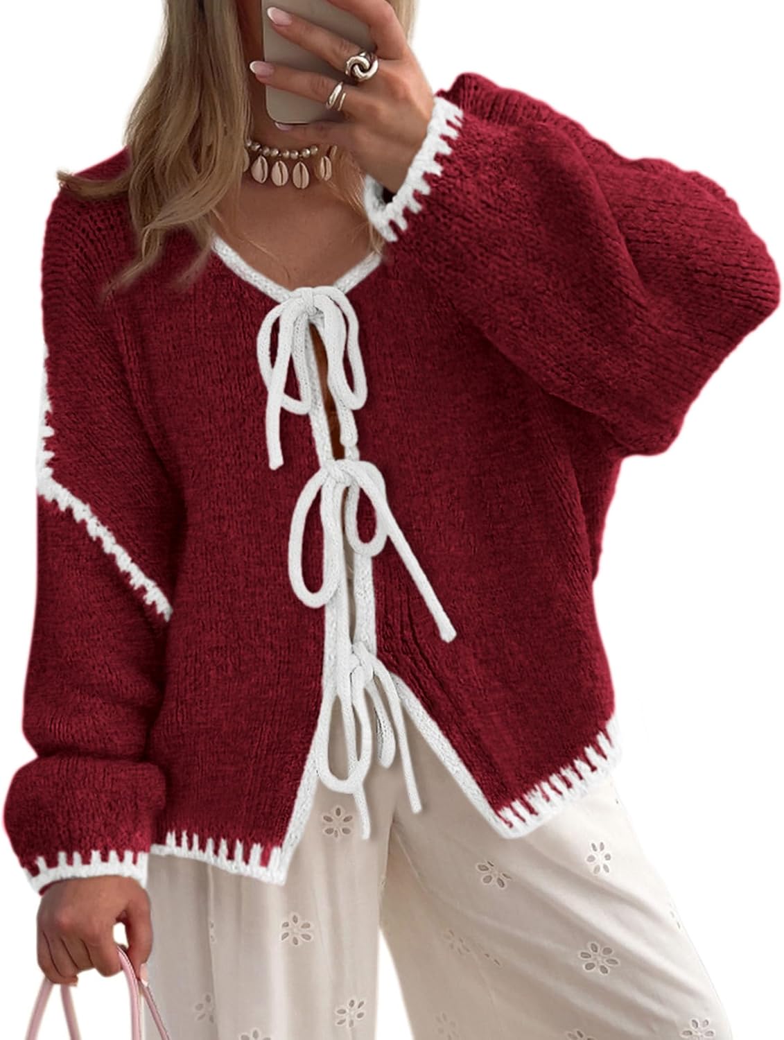 Rosie Women's Cable Knit Cardigan – Tie Front, Puff Sleeves & Oversized Fit