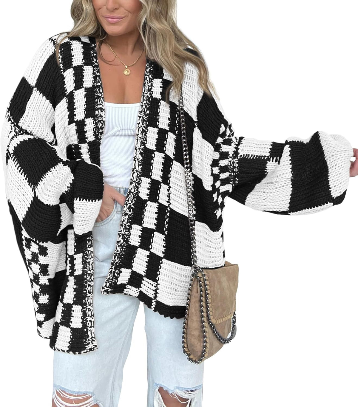Alina Women's Checkered Knit Cardigan – Open Front, V-Neck & Relaxed Fit
