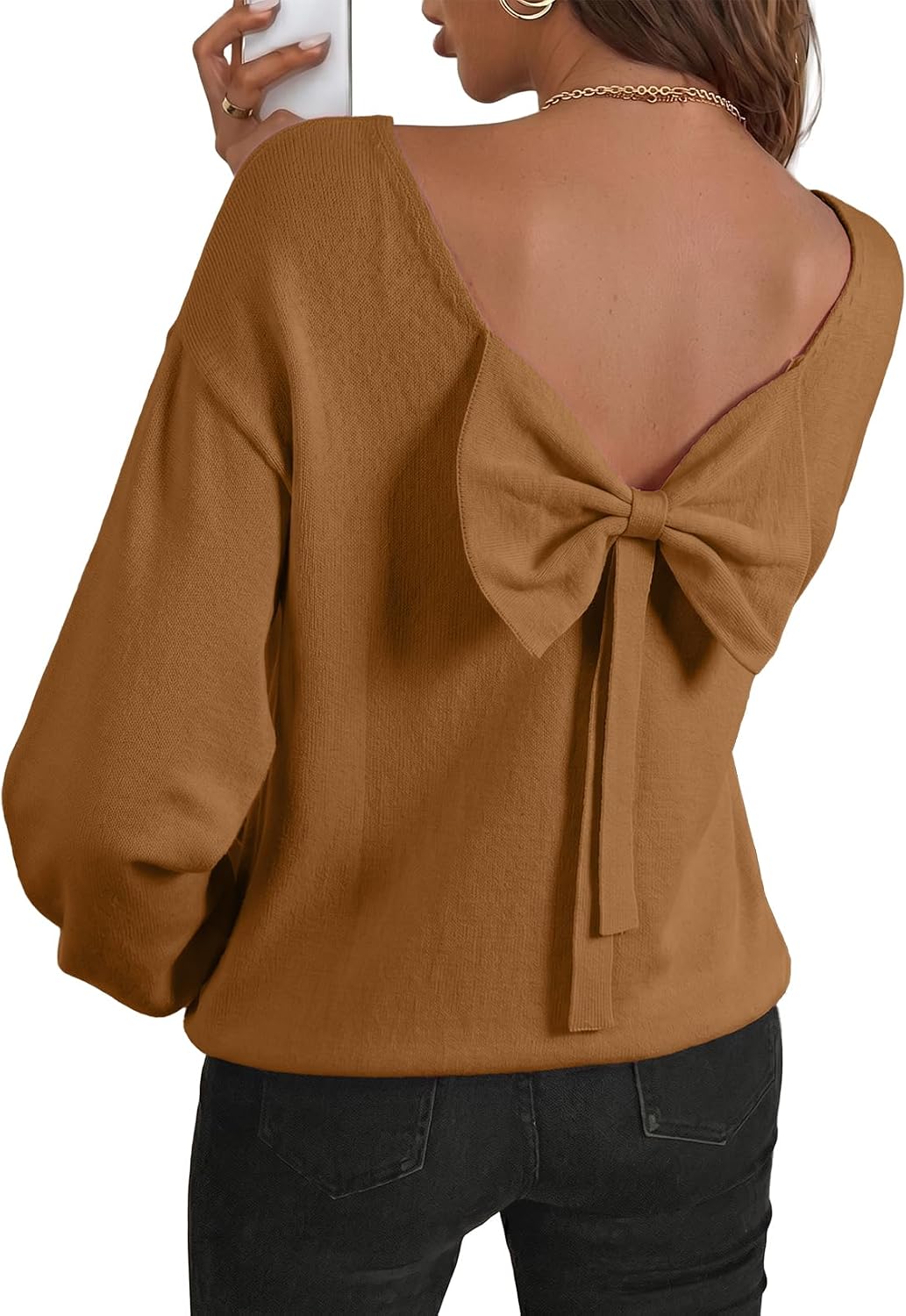 Sylvia Women's Back Bow Knit Sweater – Open Back, Balloon Sleeves & Relaxed Fit