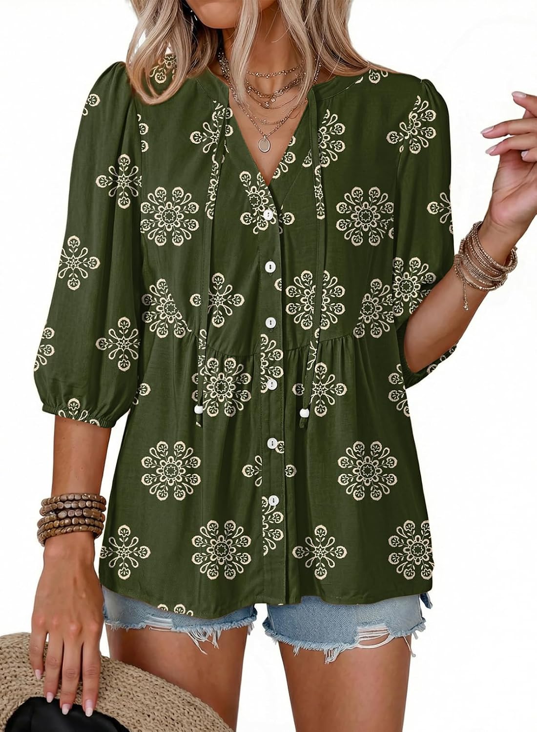 Marina Women's Floral Peplum Blouse – V-Neck, Tie Front & Button-Down Design
