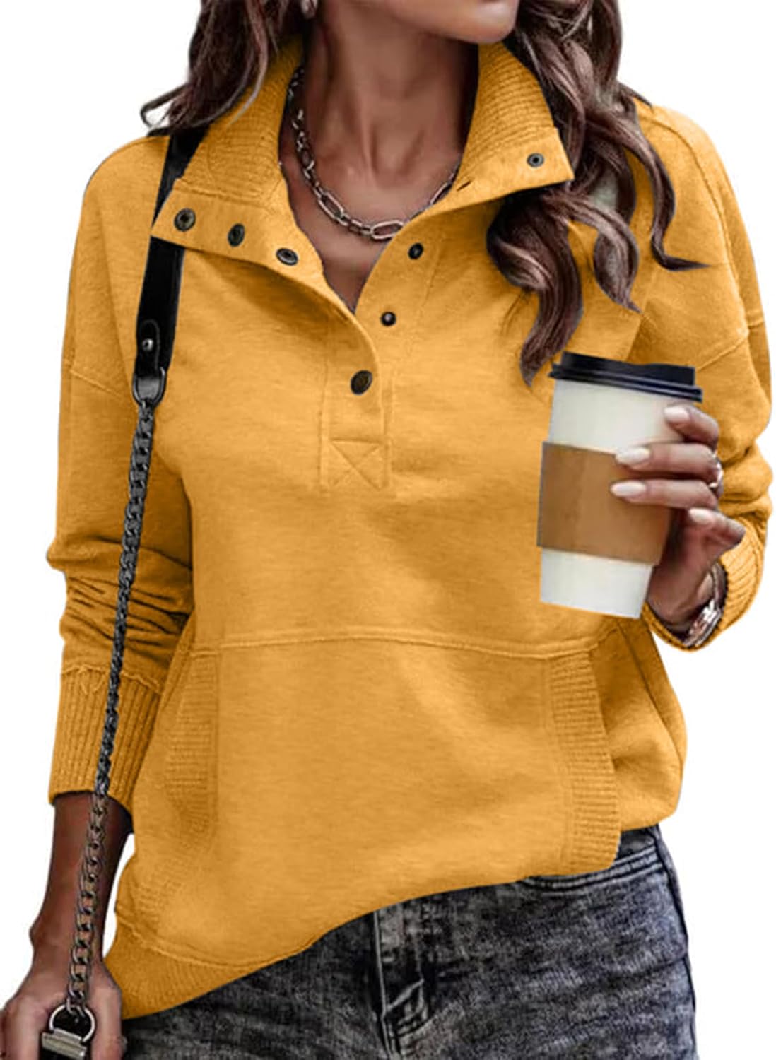 Sienna Women's Henley Sweatshirt – V-Neck, Ribbed Texture & Relaxed Fit