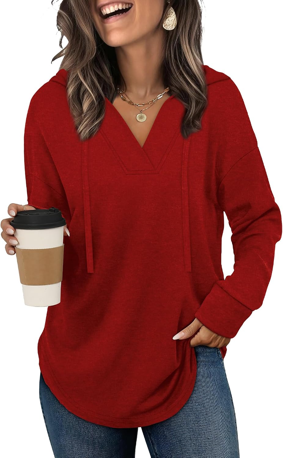 Brielle Women's V-Neck Hoodie – High-Low Hem, Long Sleeves & Relaxed Fit