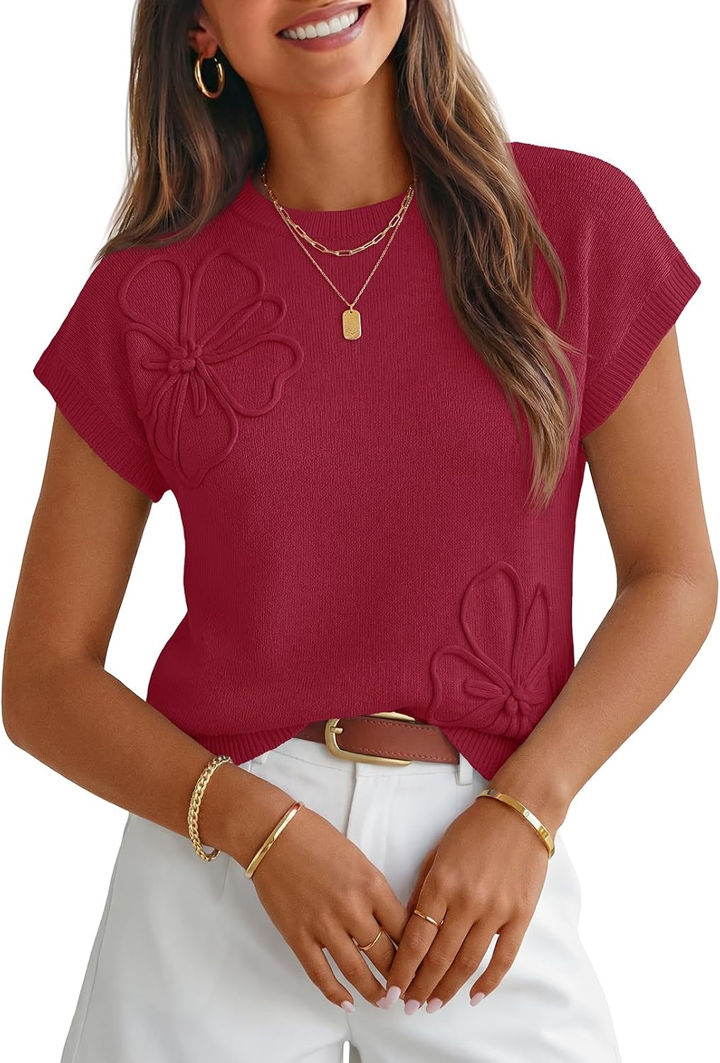 Annabelle Women's 3D Floral Knit Top – Cap Sleeves, Crew Neck & Relaxed Fit