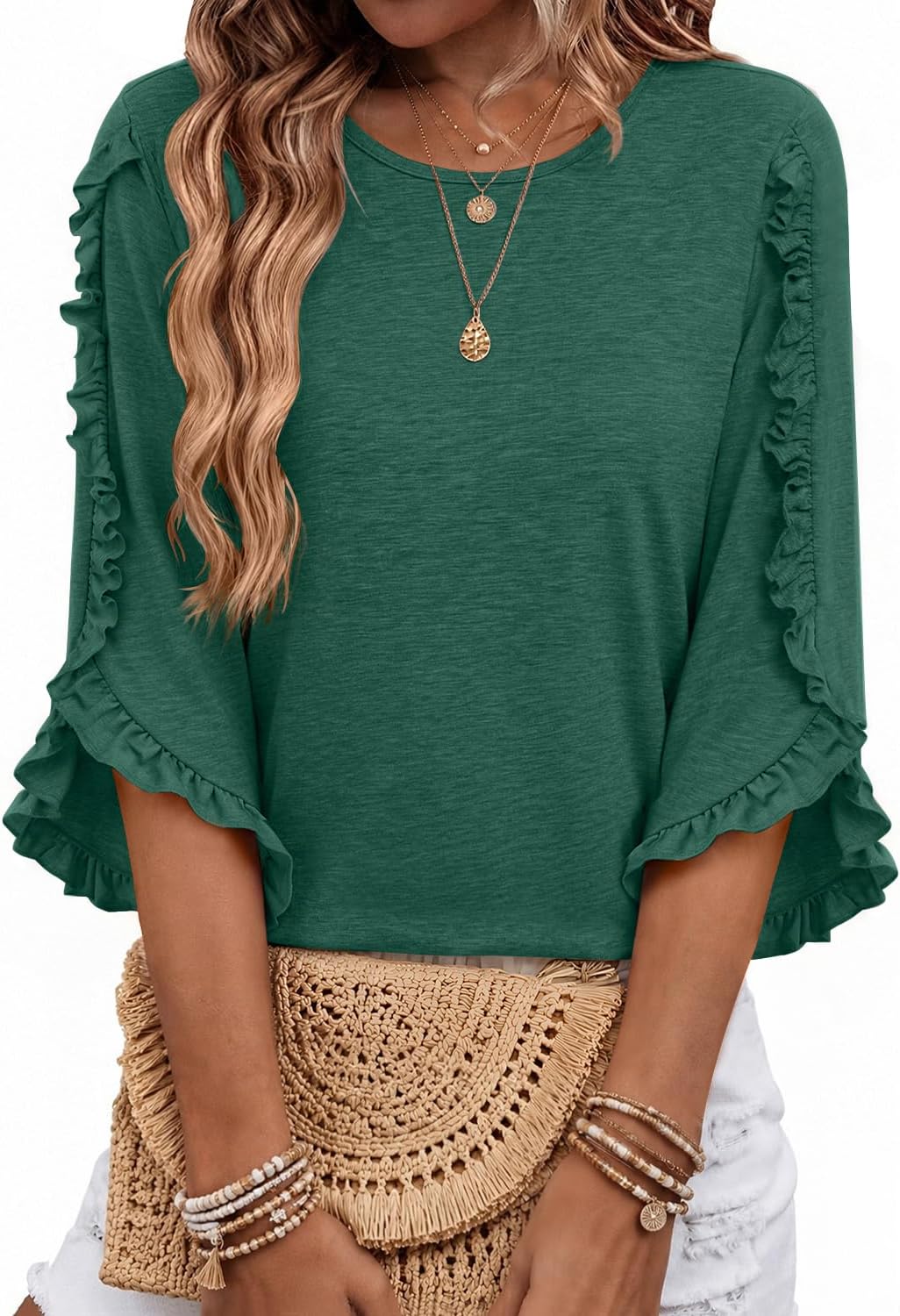 Eliana Women's Ruffle Trim Top – Crew Neck, 3/4 Sleeves & Relaxed Fit