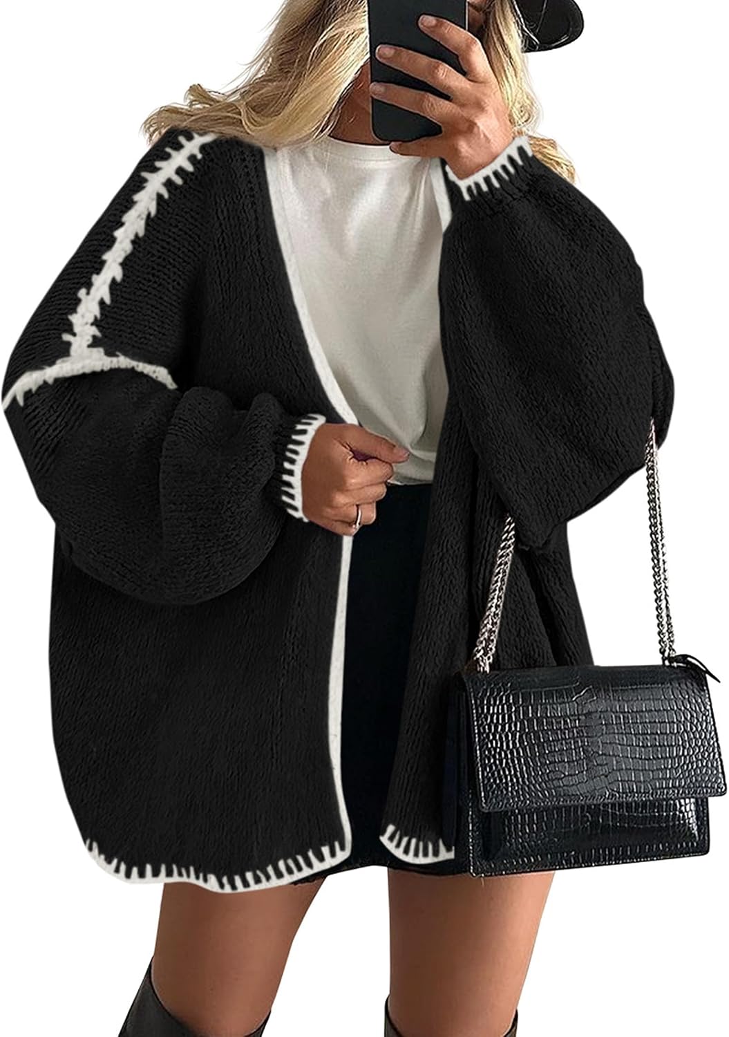 Josephine Women's Oversized Cardigan – Open Front, Lantern Sleeves & Longline Fit