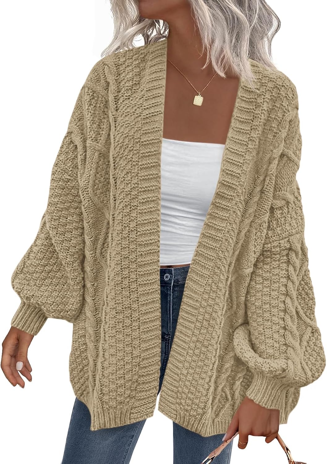 Penelope Women's Cable Knit Cardigan – Lantern Sleeves, Drop Shoulders & Oversized Fit