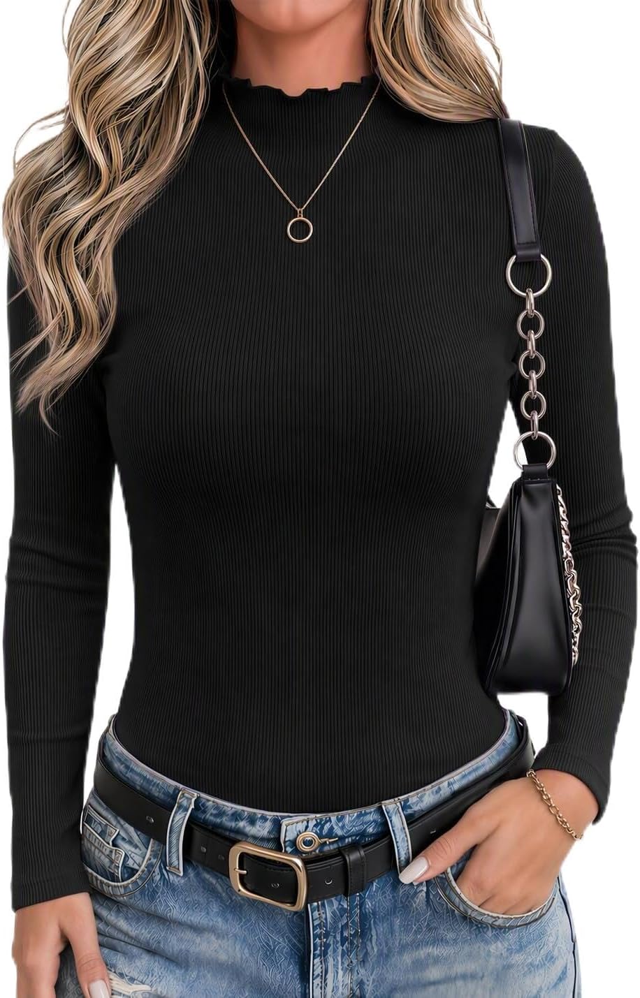 Maren Women's Ribbed Mock Neck Top – Lettuce Trim, Long Sleeves & Slim Stretch Fit