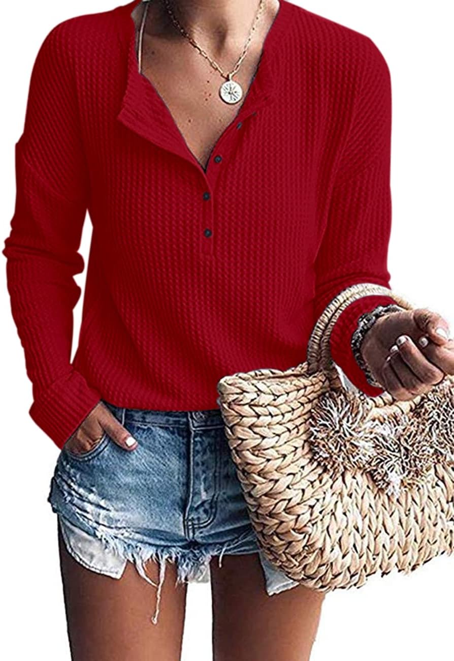 Lucille Women's Waffle Knit Henley Top – V-Neck, Batwing Sleeves & Relaxed Fit