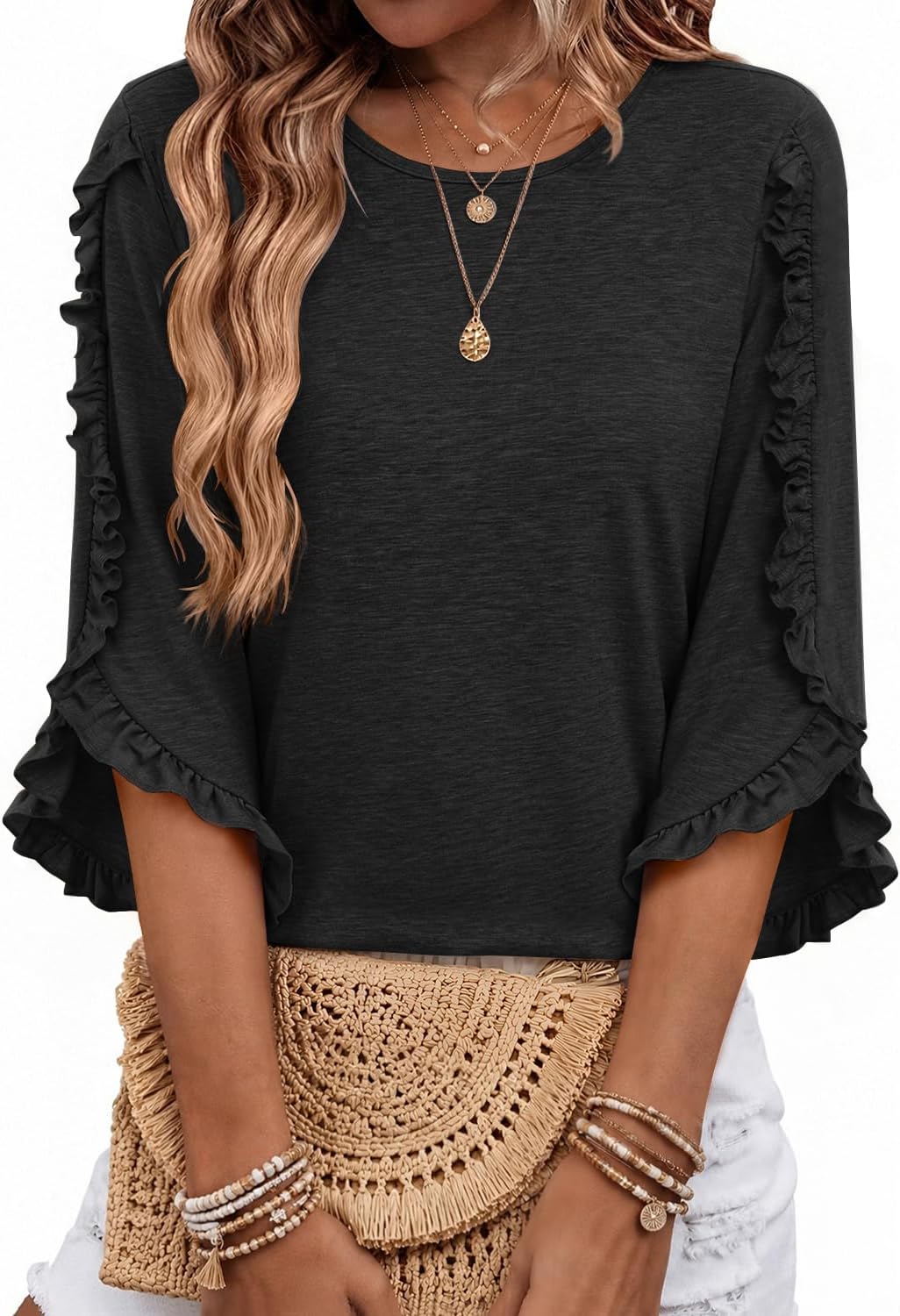 Eliana Women's Ruffle Trim Top – Crew Neck, 3/4 Sleeves & Relaxed Fit