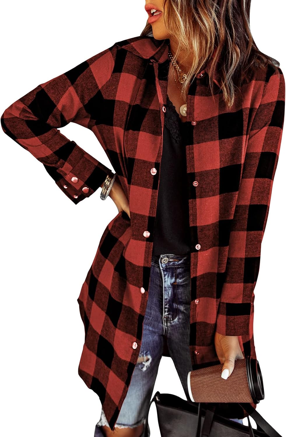 Estelle Women's Plaid Shacket – Button Front, Boyfriend Fit & Pockets