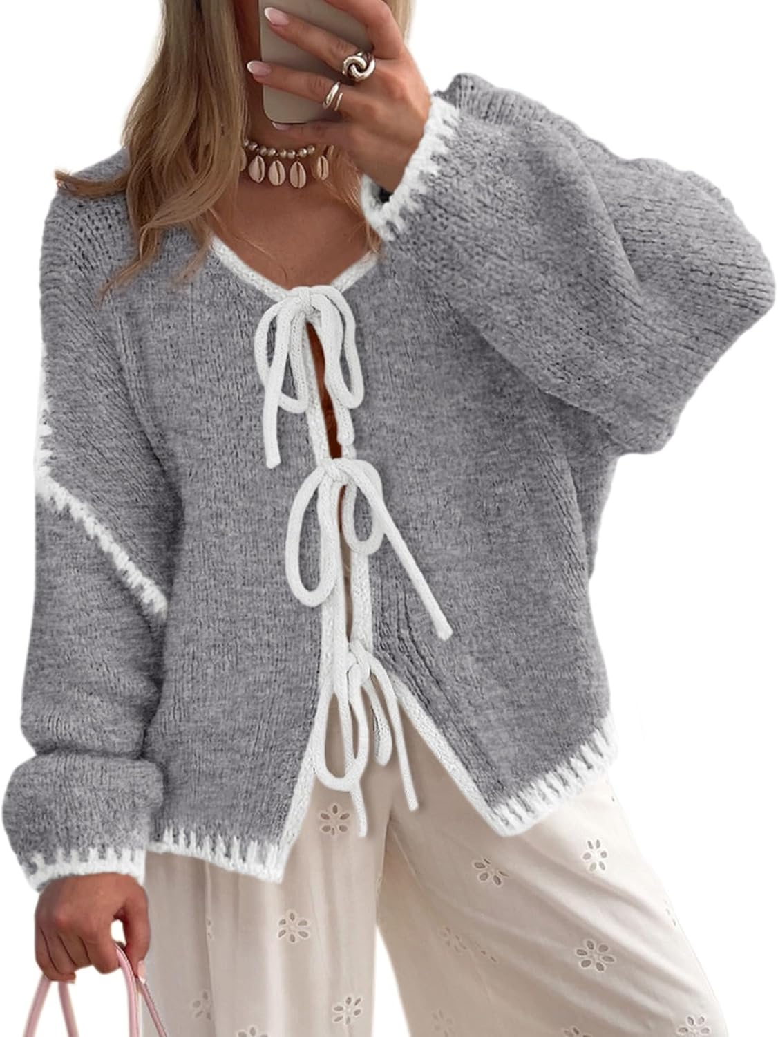 Rosie Women's Cable Knit Cardigan – Tie Front, Puff Sleeves & Oversized Fit