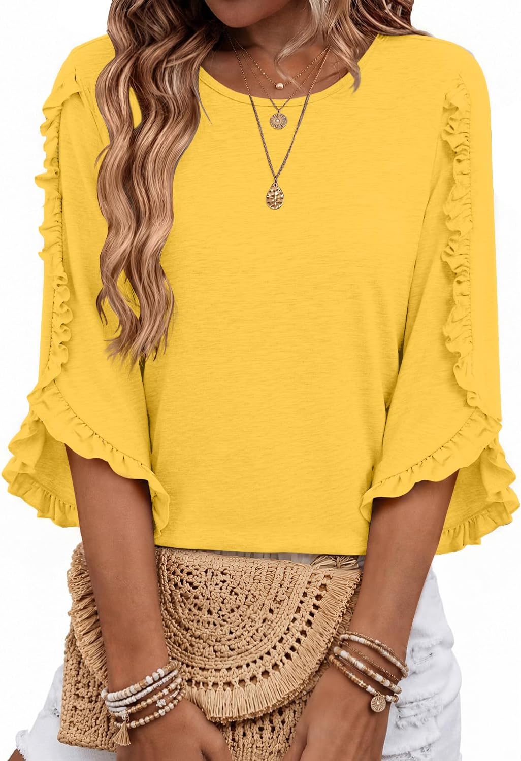 Eliana Women's Ruffle Trim Top – Crew Neck, 3/4 Sleeves & Relaxed Fit