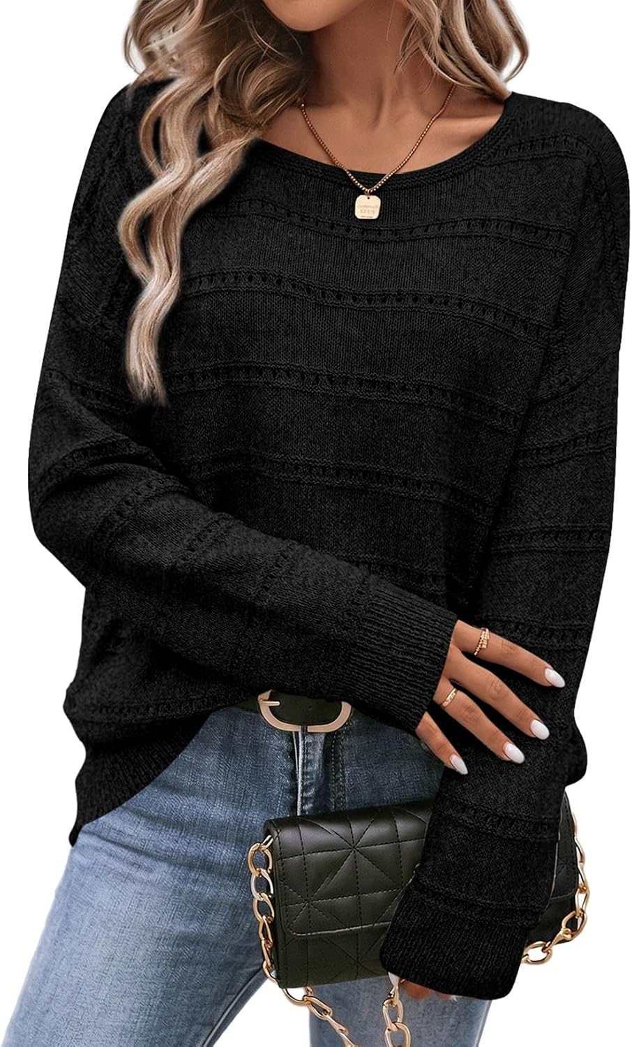 Mila Women's Hollow-Knit Sweater – Crew Neck, Drop Shoulders & Striped Texture