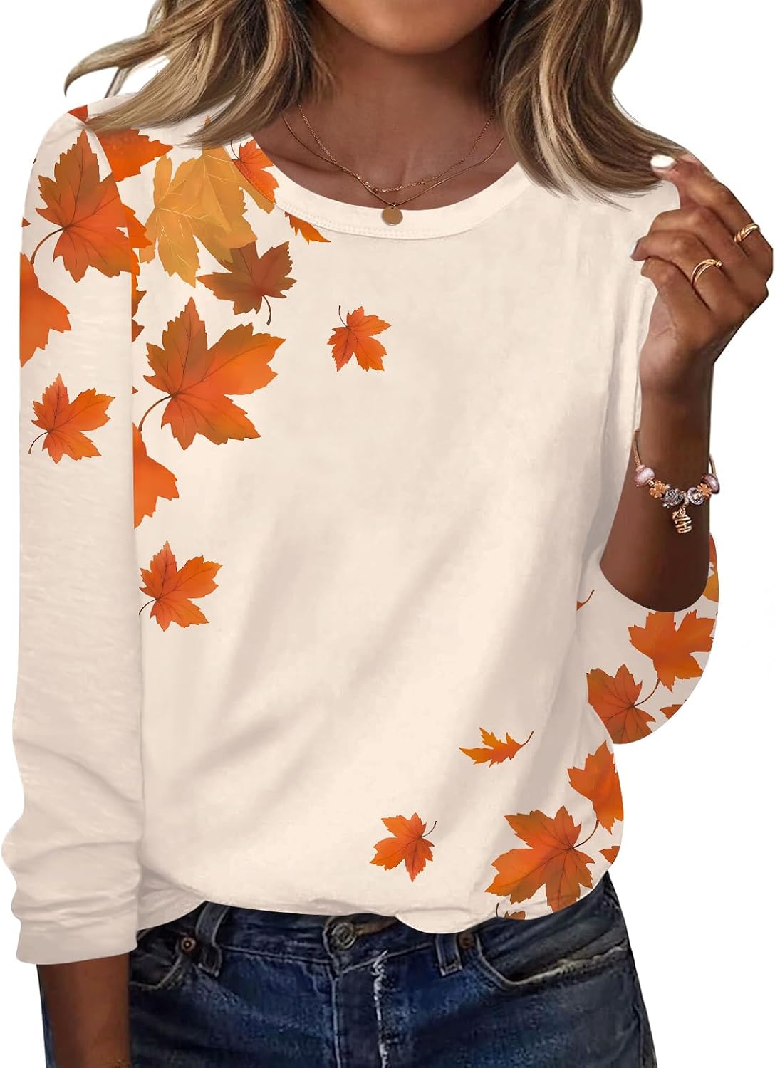Nadia Women's Printed Long Sleeve Top – Crew Neck, Curved Hem & Relaxed Fit