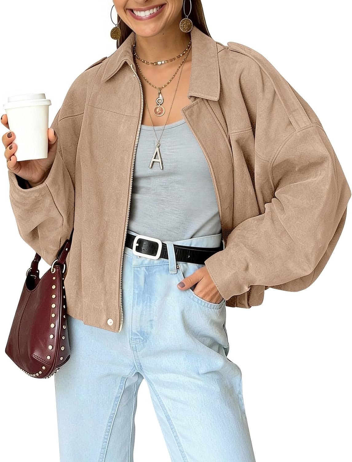 Sasha Women's Faux Suede Bomber Jacket – Cropped Fit, Batwing Sleeves & Zip Front