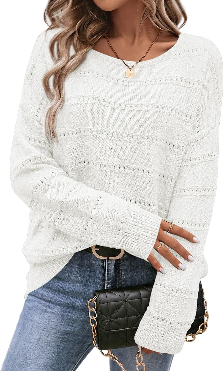 Mila Women's Hollow-Knit Sweater – Crew Neck, Drop Shoulders & Striped Texture