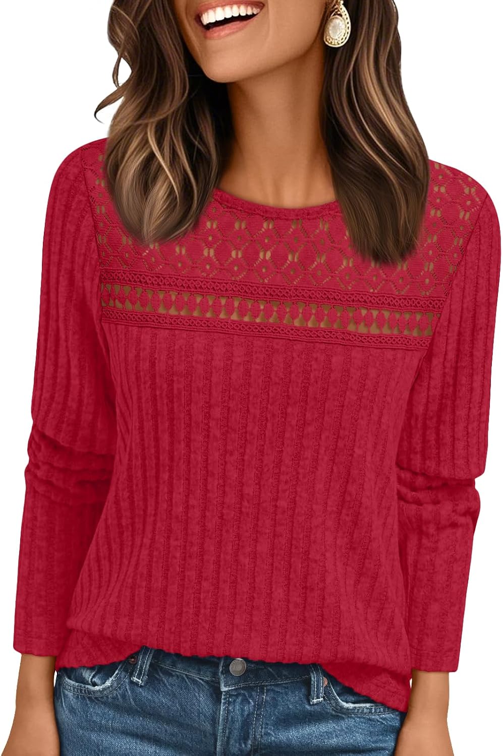 Adeline Women's Lace Ribbed Top – Crew Neck, Long Sleeves & Fitted Silhouette