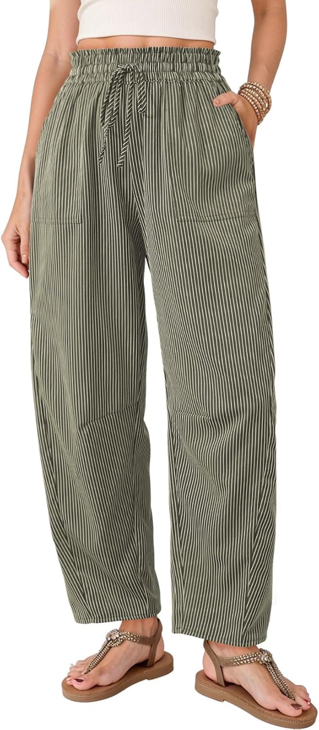 Yvette Women's Striped Barrel-Leg Trousers – Paper-Bag Waist, Drawstring & Pockets