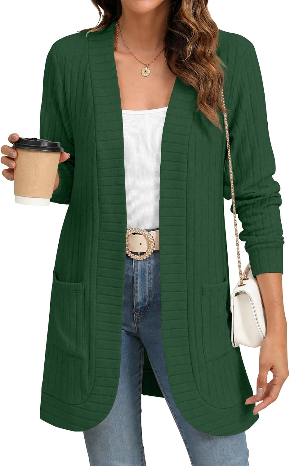 Erica Women's Ribbed Open-Front Cardigan – Long Sleeves, Loose Fit & Side Pockets