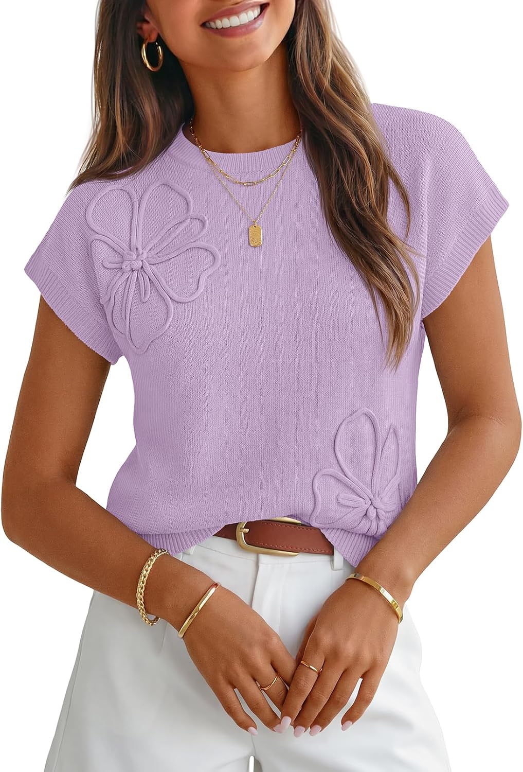 Annabelle Women's 3D Floral Knit Top – Cap Sleeves, Crew Neck & Relaxed Fit