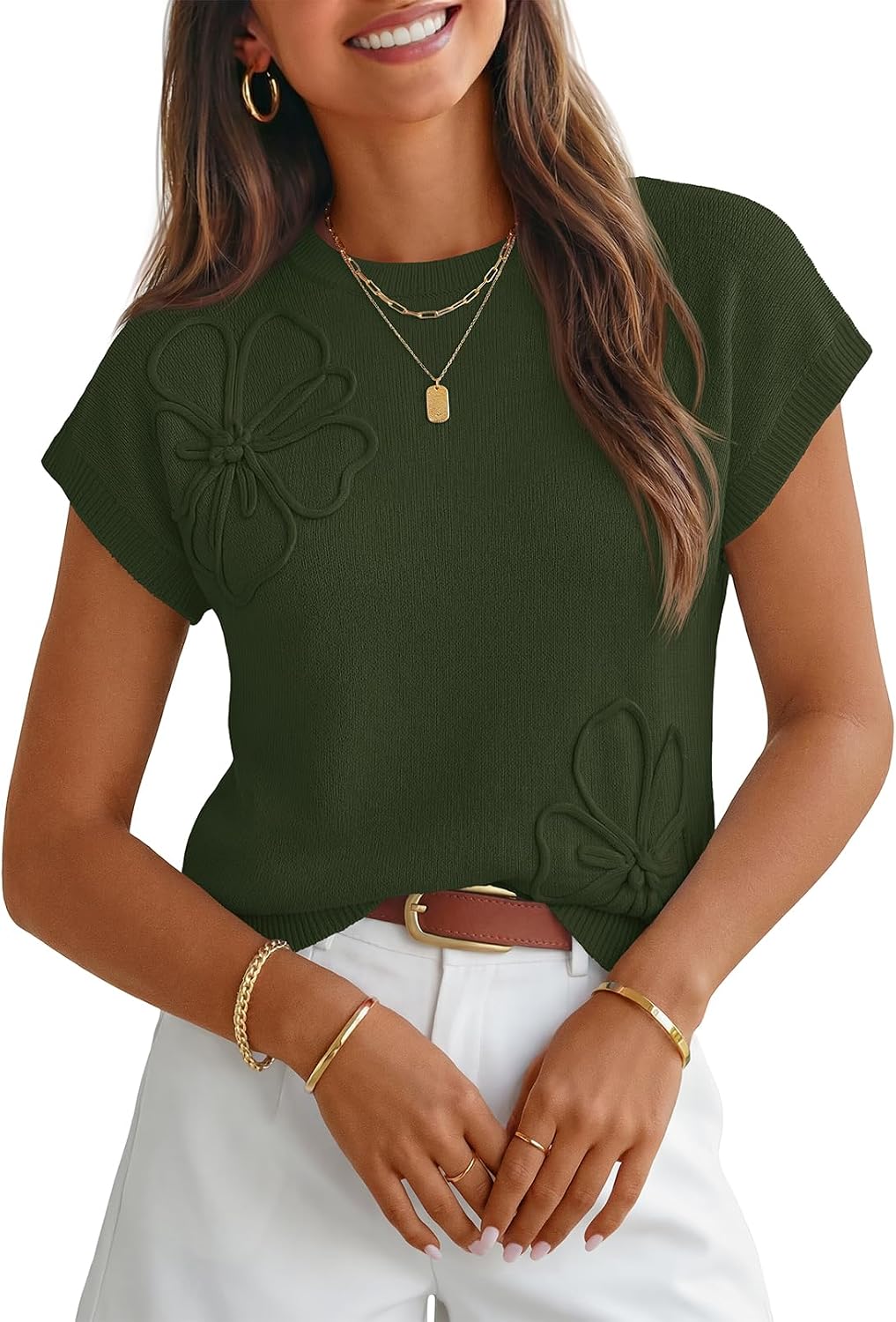 Annabelle Women's 3D Floral Knit Top – Cap Sleeves, Crew Neck & Relaxed Fit